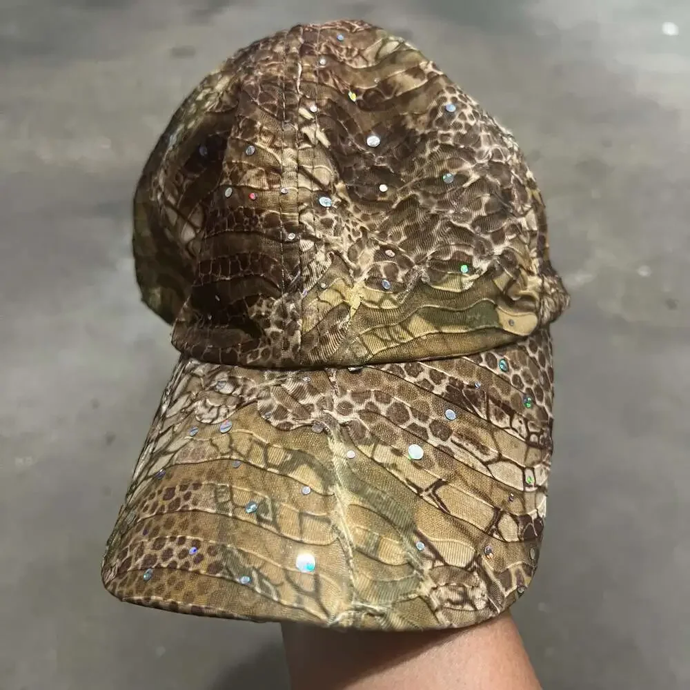 Python Skin Pattern Crinkle Baseball Cap with Rhinestone Embellishments
